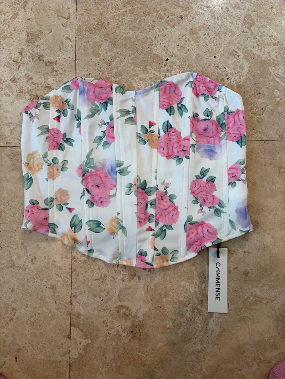 Commense White Floral Bustier with Pink Roses